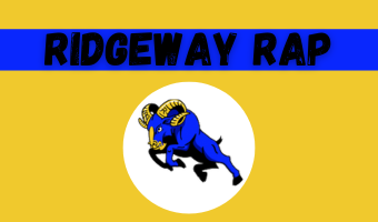   Ridgeway RAP black text on blue ribbon. Ram logo in white circle underneath. On yellow background